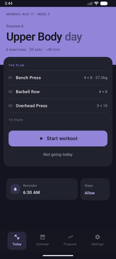 The Today screen: Upper Body day, six exercises, twenty sets, about forty minutes, with the first three movements and their targets listed.