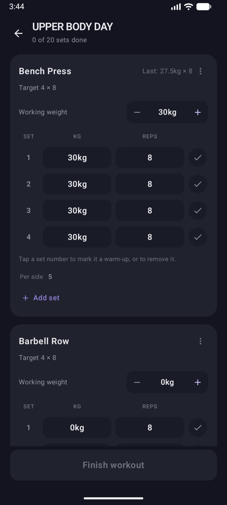 A logged session: sets listed with weight and reps, each with a done tick, and a rest timer.